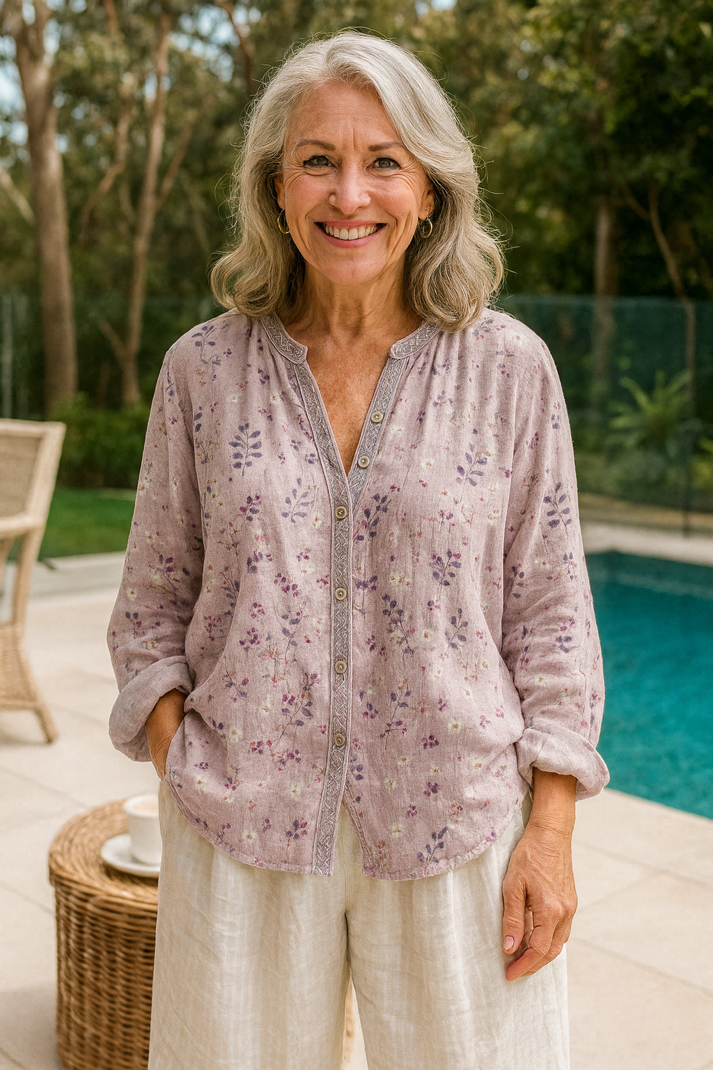 Fern relaxed V-neck print blouse in Rosewood, view 3