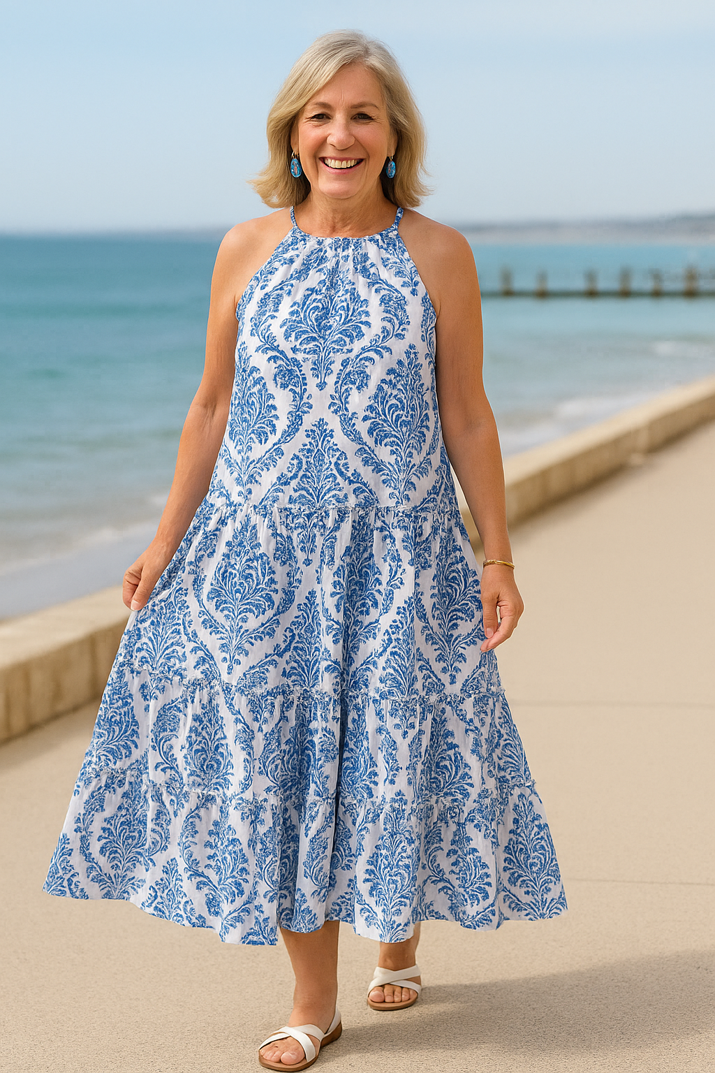 Tahlia coastal breeze halter midi dress in Blue, view 4