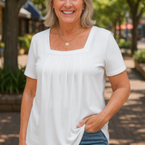 Colleen pleated square neck comfort top in White, front view
