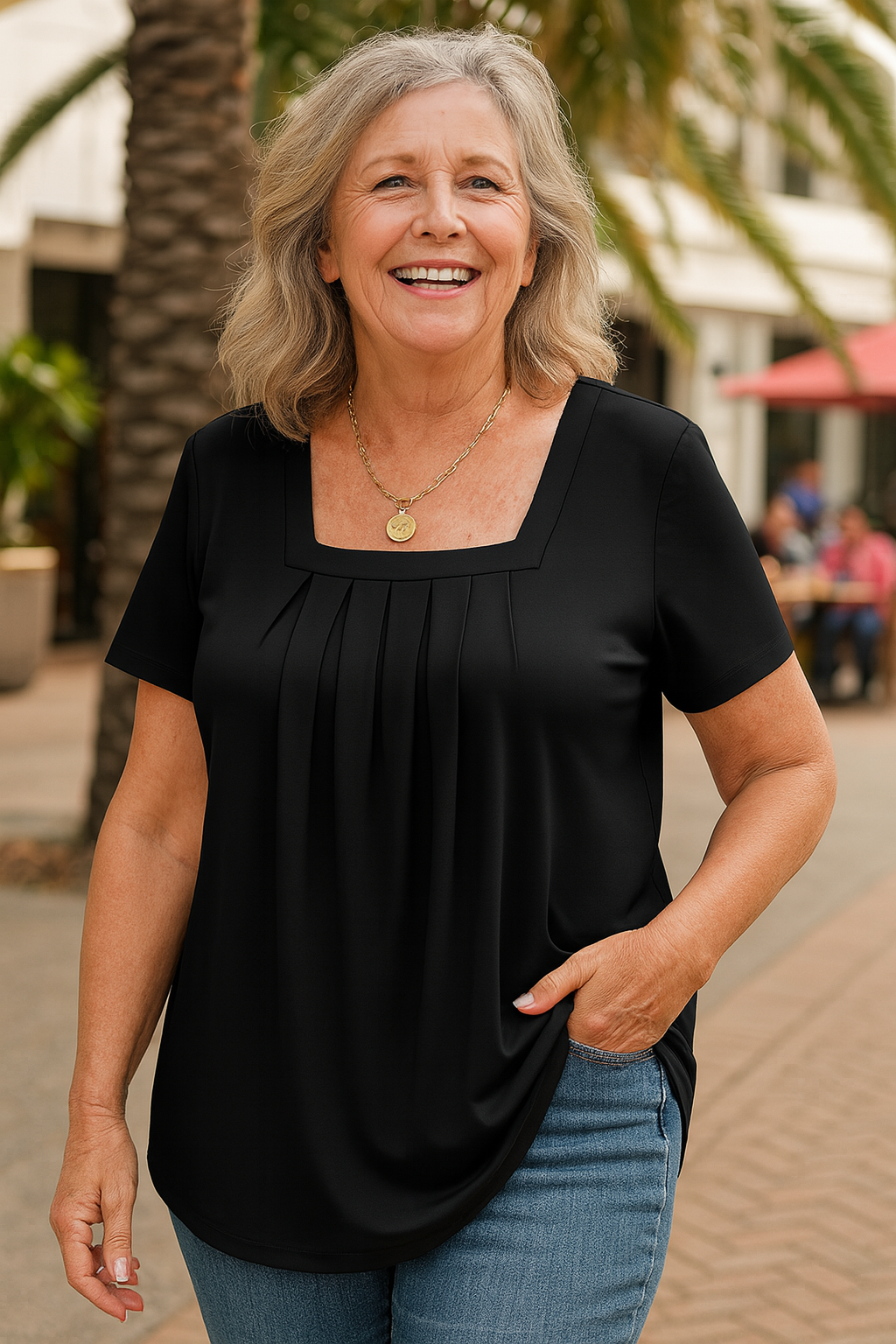 Colleen pleated square neck comfort top in Black, view 3