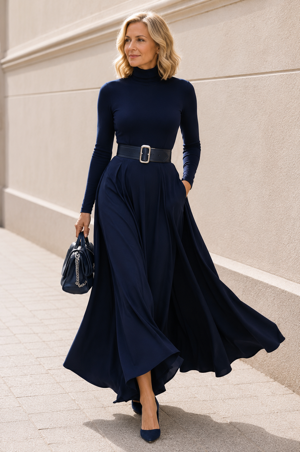 Celina High Neck Belted Dress, front view