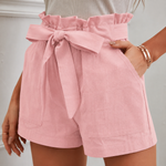High waist shorts with ruffle waistband and tie belt in Pink, view 8