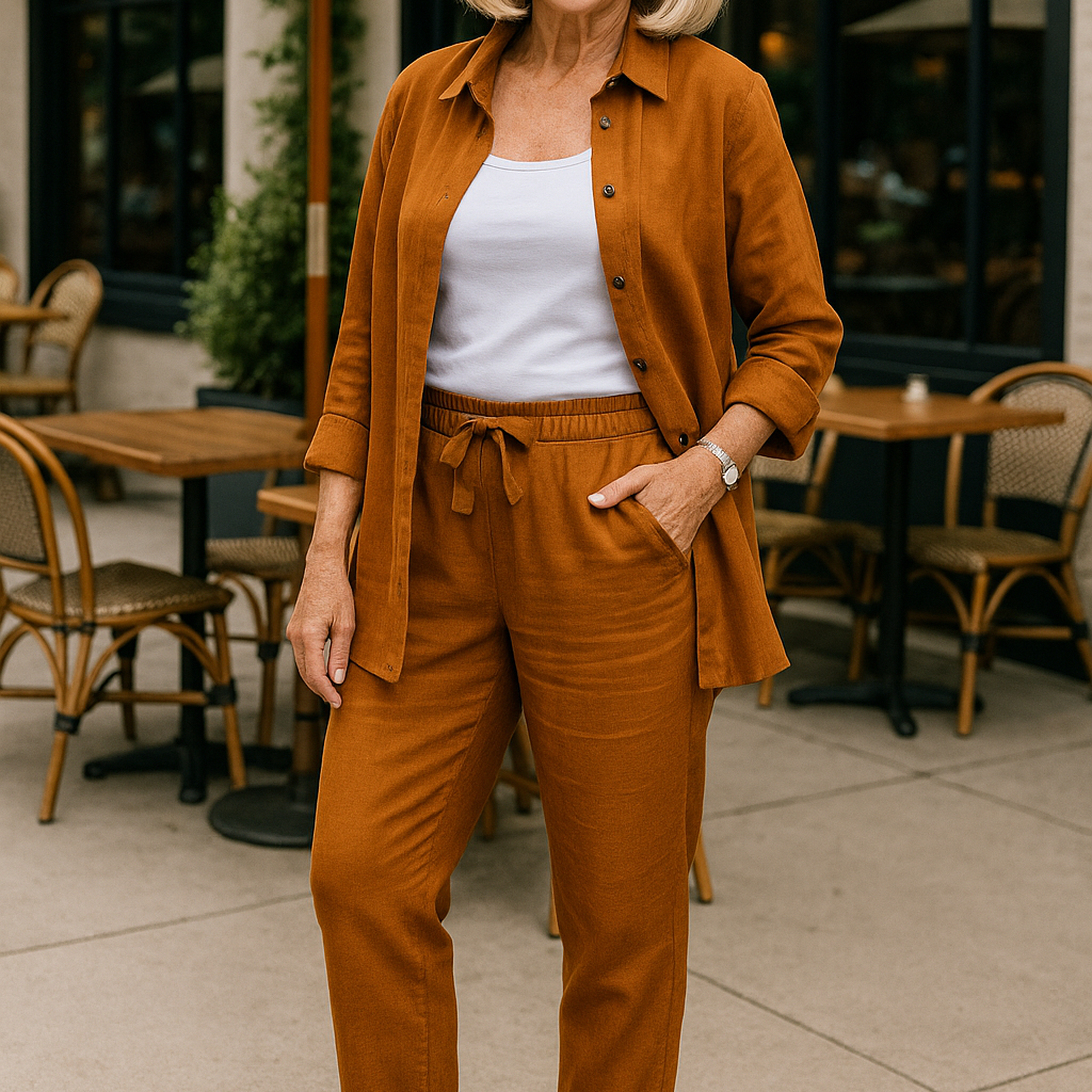 Luna everyday shirt and trouser set in Brown, front view