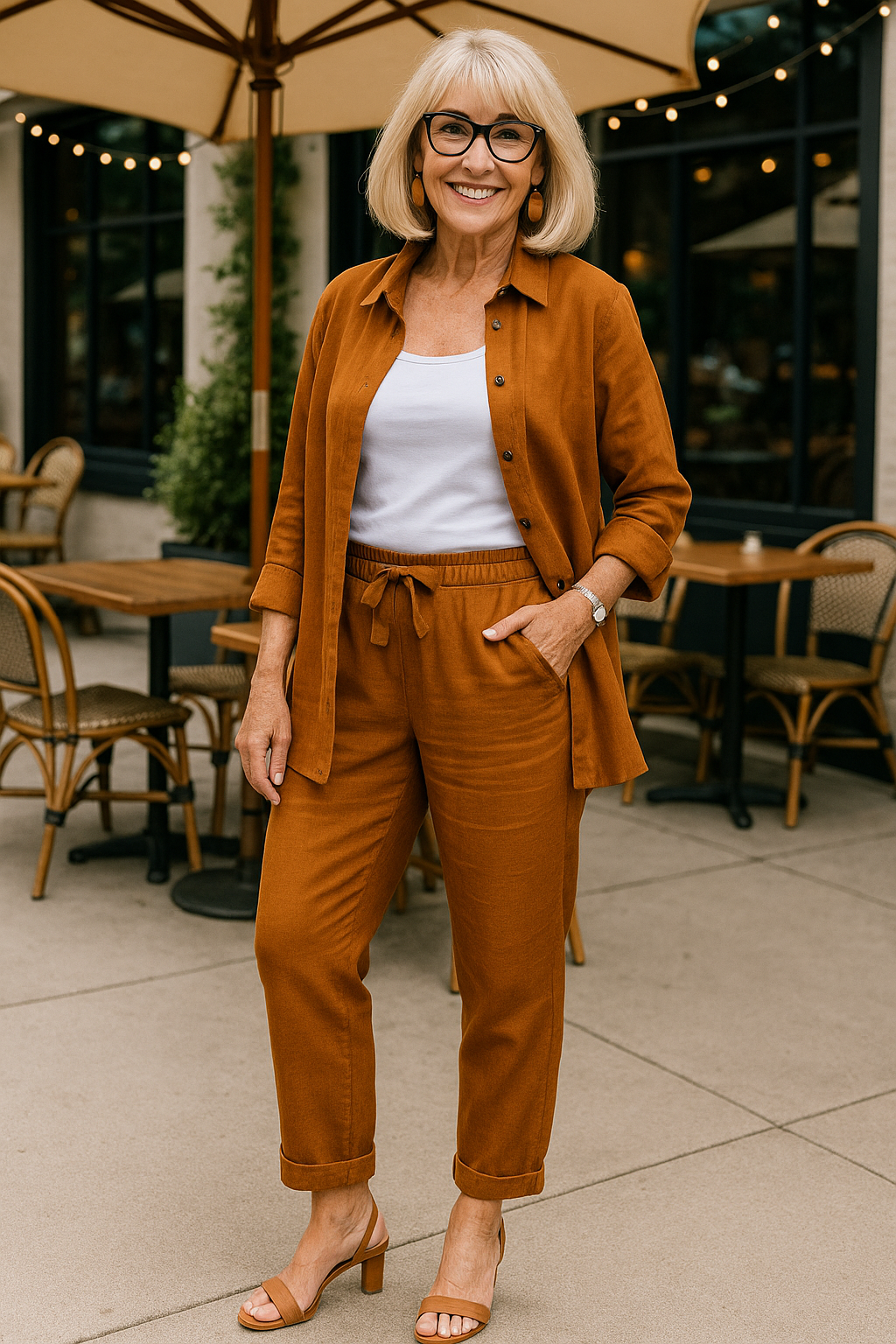 Luna everyday shirt and trouser set in Brown, front view