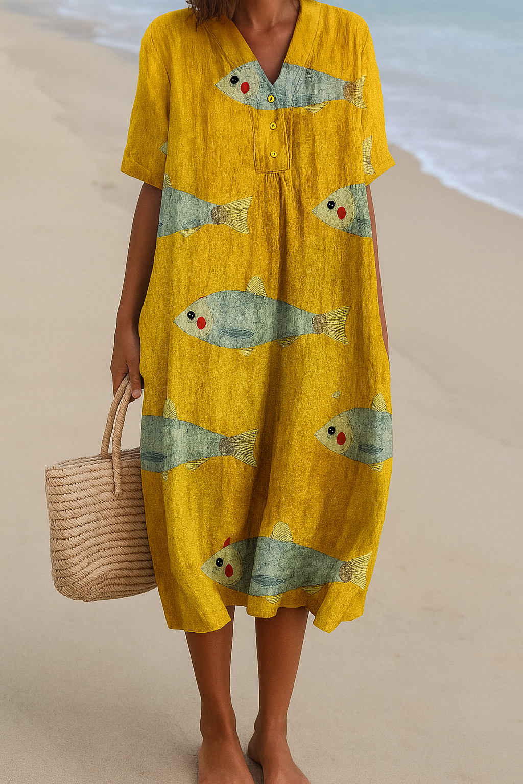 Agnes yellow fish print cotton dress, front view