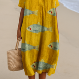 Agnes yellow fish print cotton dress, front view