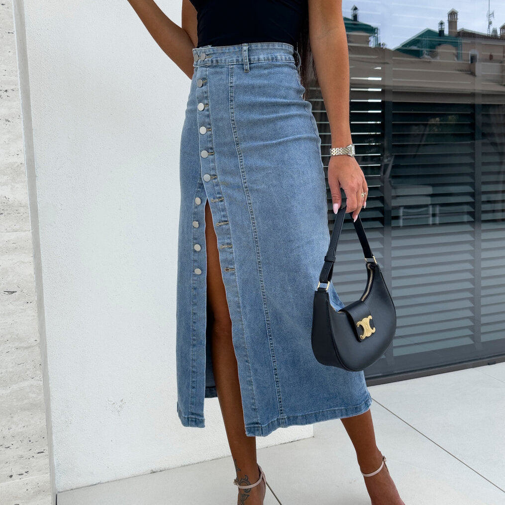 Chiara figure hugging denim skirt in Light Blue, view 7