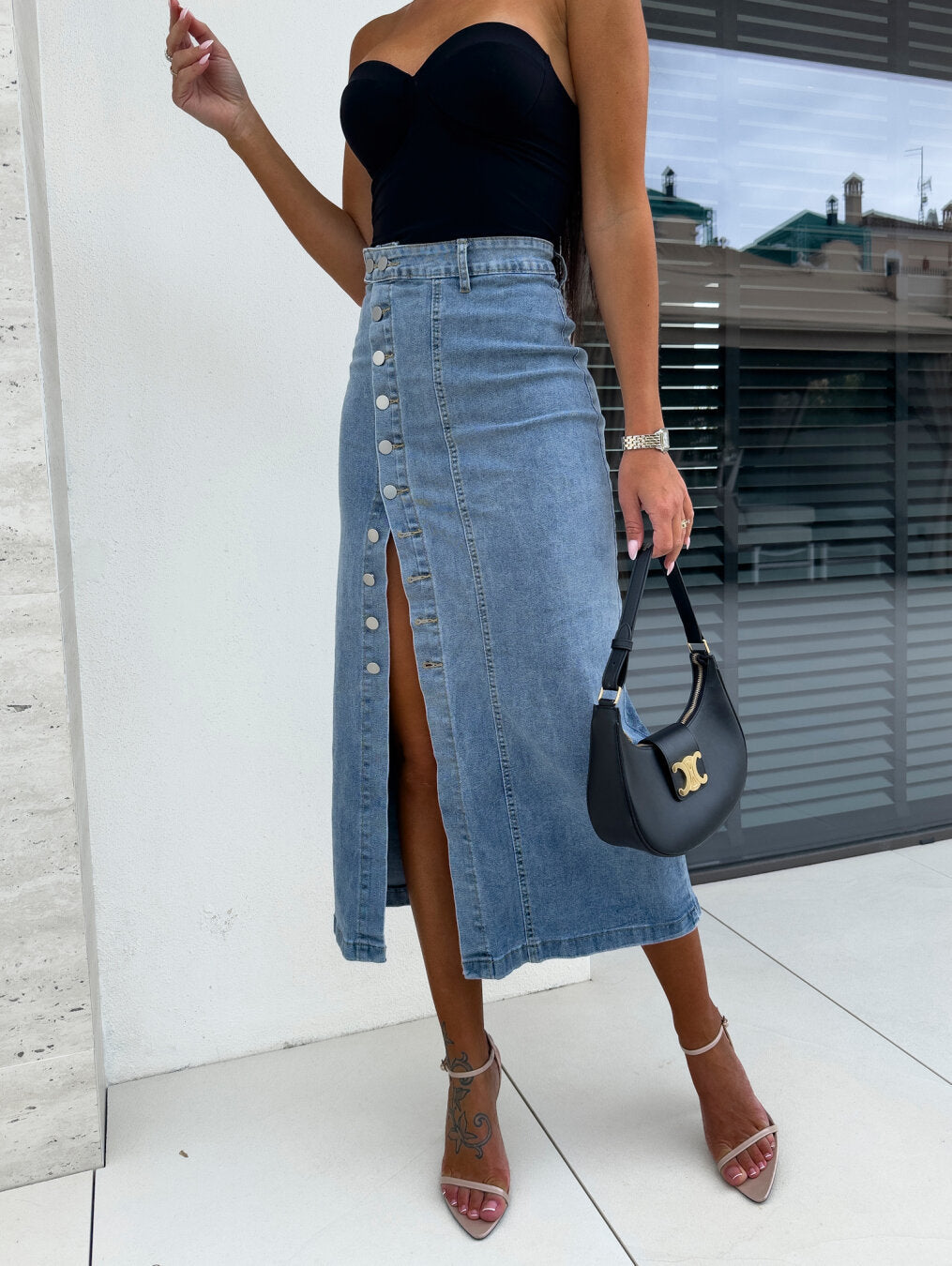 Chiara figure hugging denim skirt in Light Blue, view 7