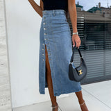 Chiara figure hugging denim skirt in Light Blue, view 7