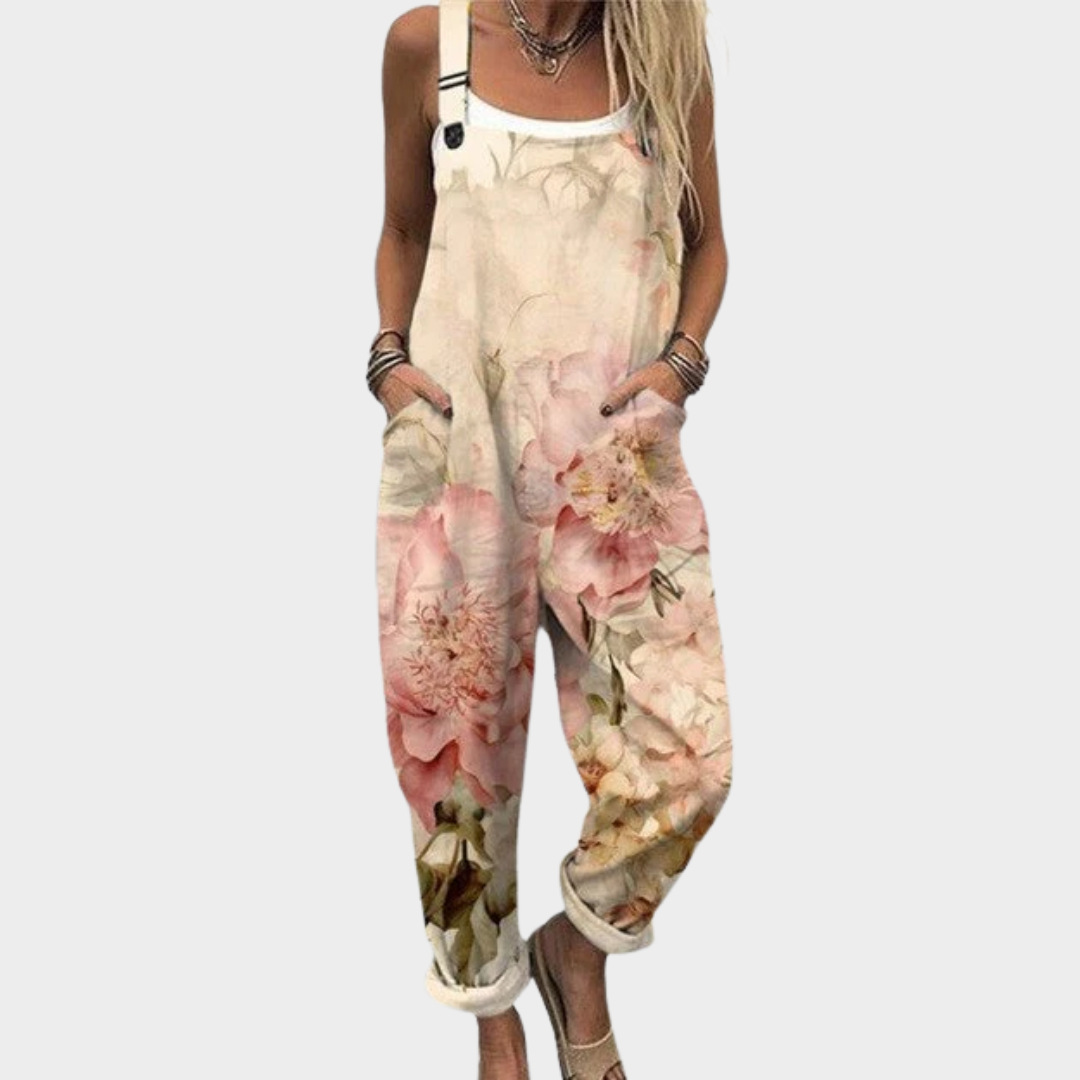 Comfortable Blush Watercolour Floral Dungarees in Beige, front view