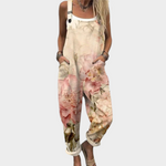 Comfortable Blush Watercolour Floral Dungarees in Beige, front view