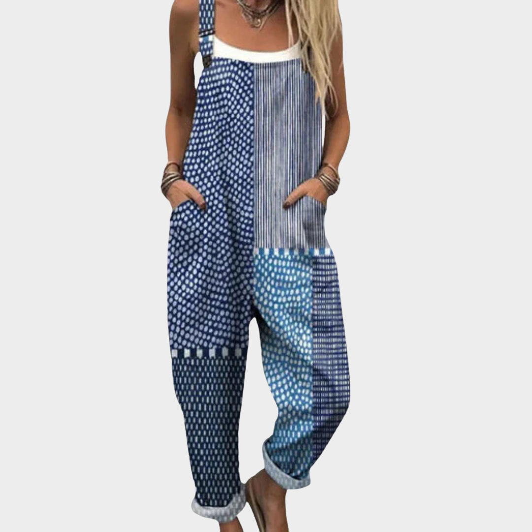 Comfortable Blue Patchwork Dungarees, front view