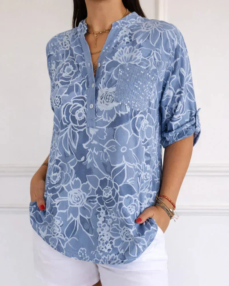 Willow floral blouse with pocket in Light Blue, view 5
