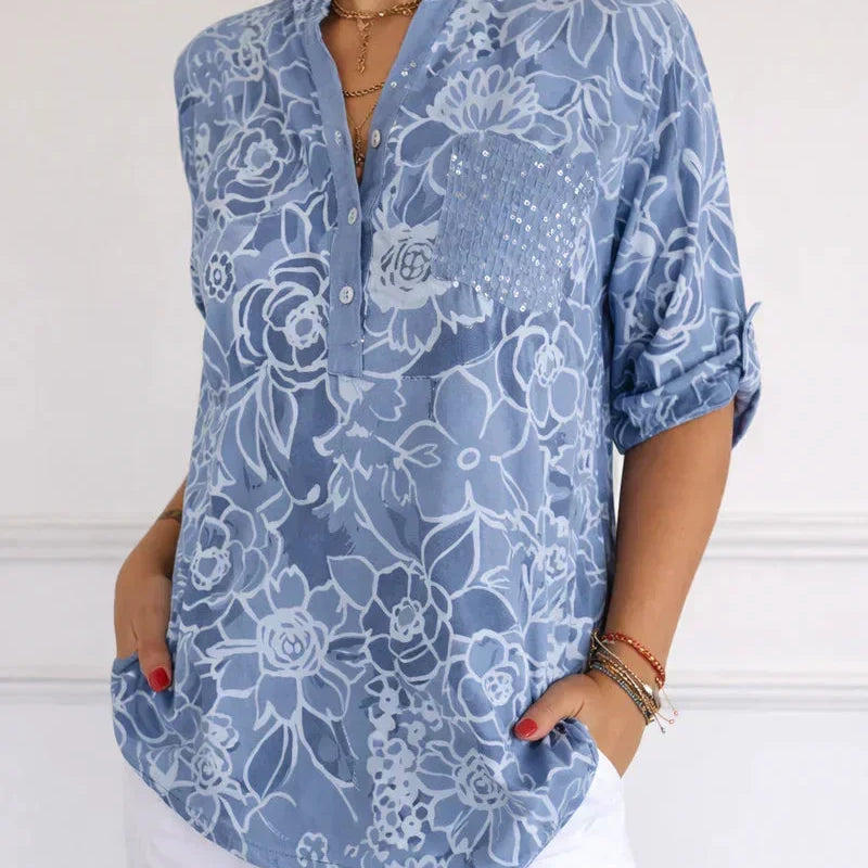 Willow floral blouse with pocket in Light Blue, view 5