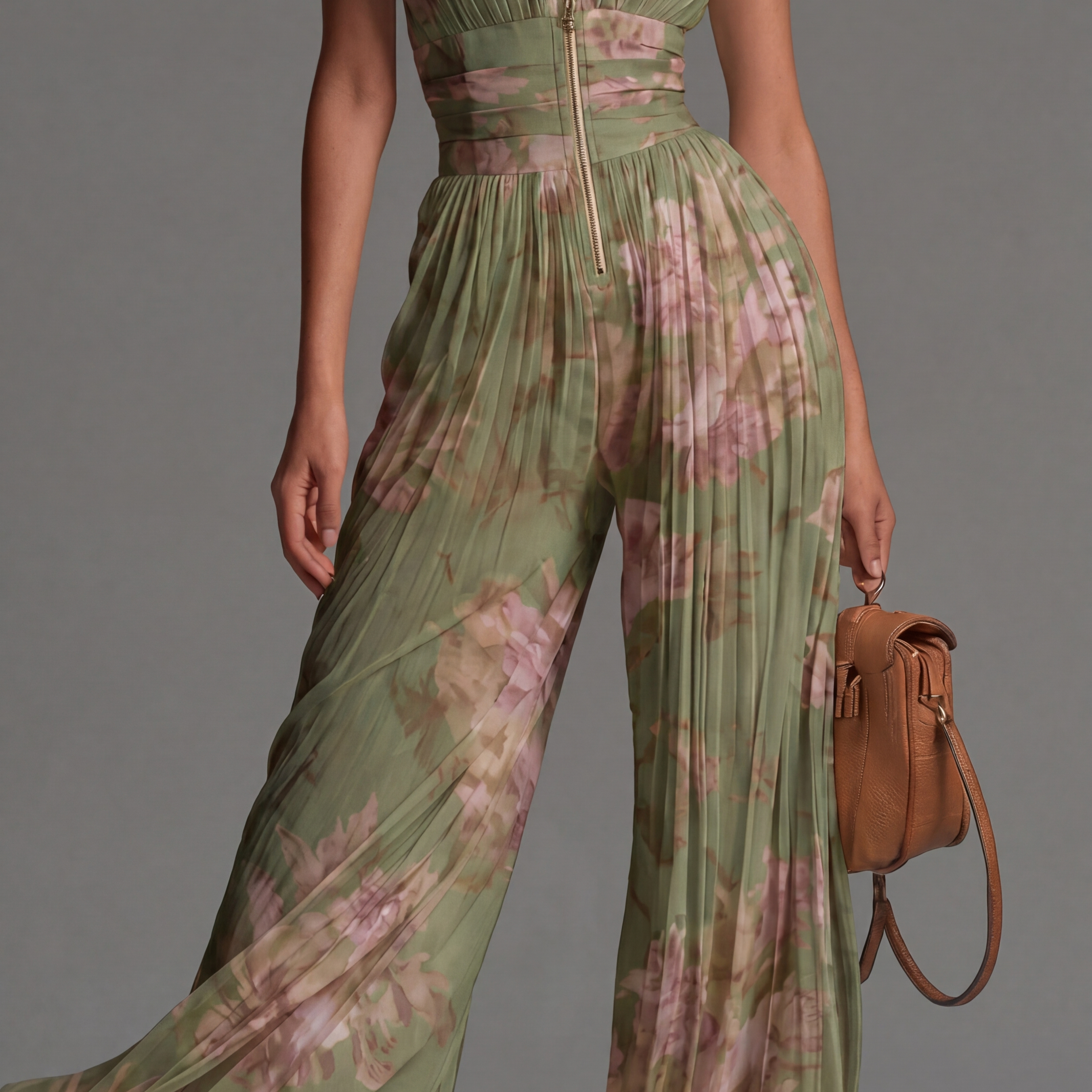 Zineb Green Floral Pleated Jumpsuit, view 2