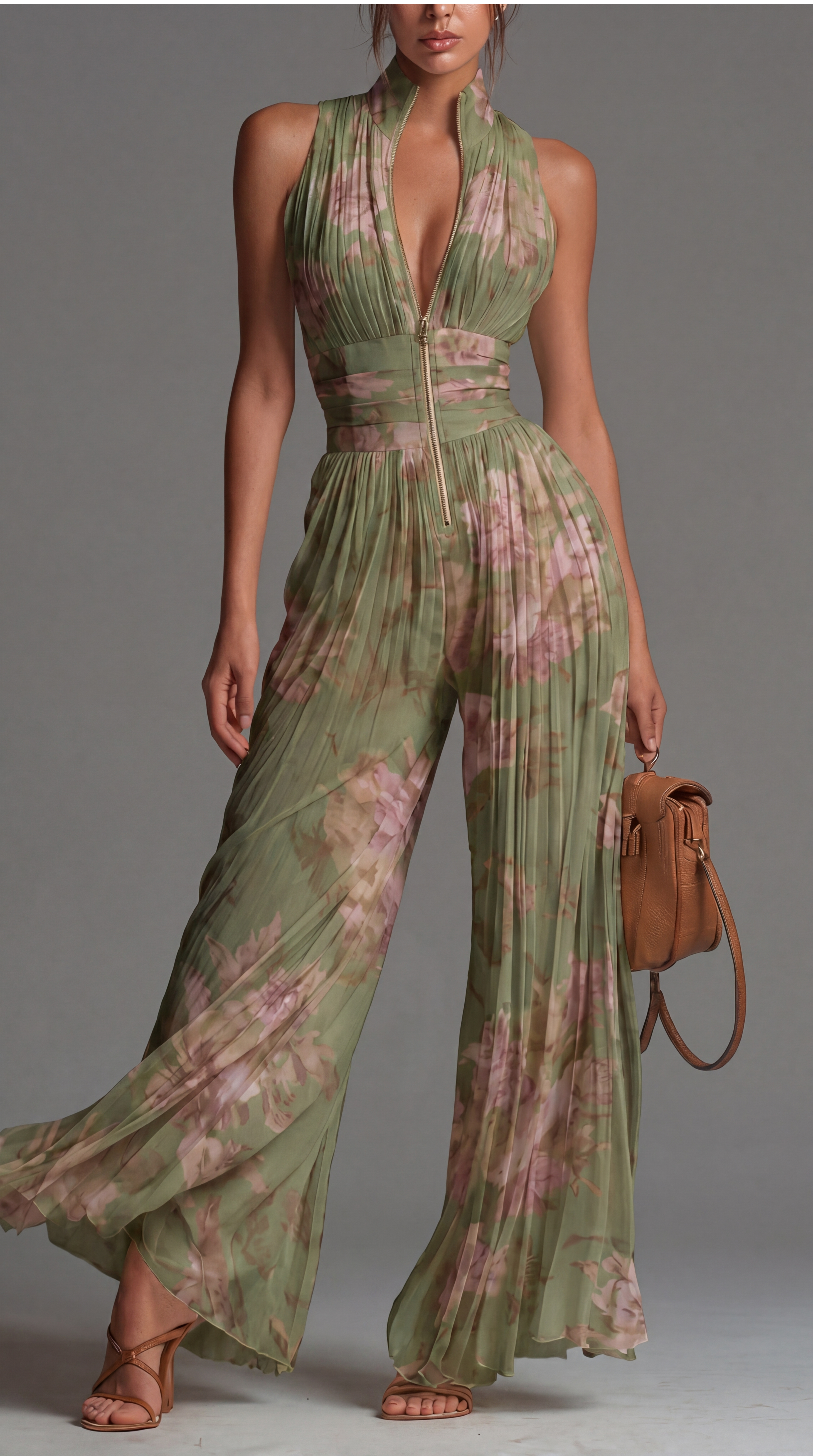 Zineb Green Floral Pleated Jumpsuit, view 2