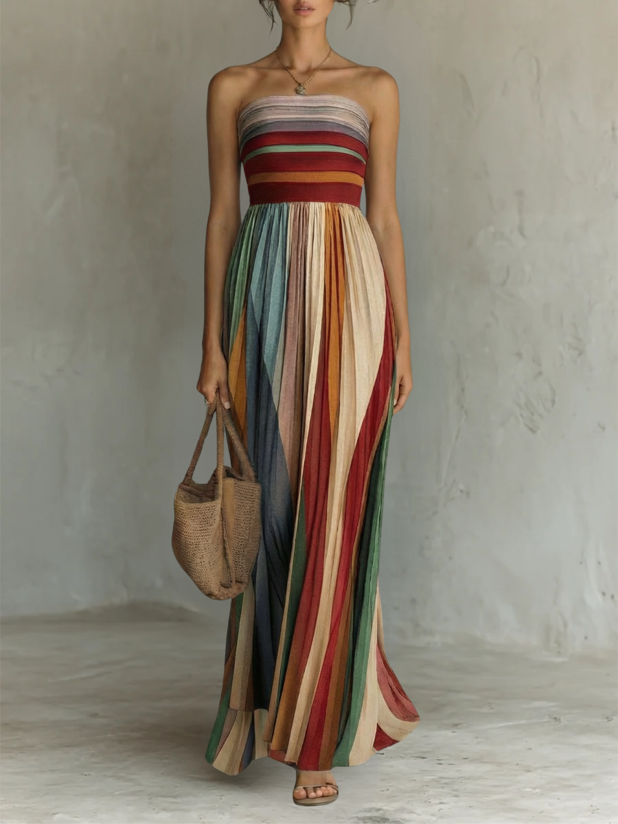 Colourful striped strapless maxi dress, front view