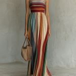 Colourful striped strapless maxi dress, front view