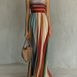 Colourful striped strapless maxi dress, front view