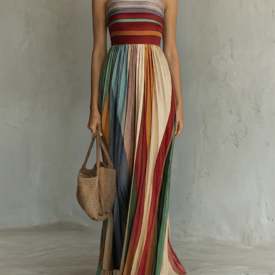 Colourful striped strapless maxi dress, front view