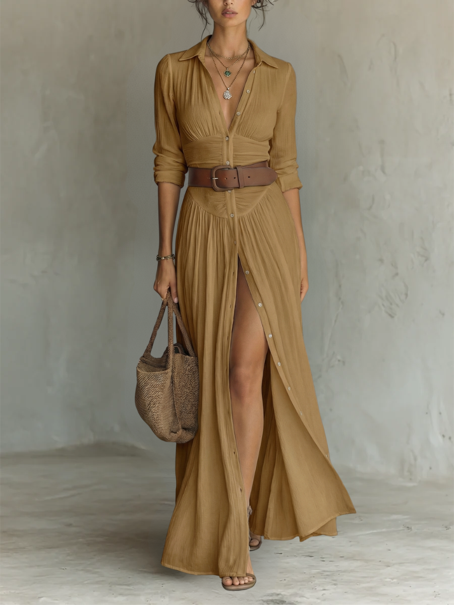 Linen notch collar maxi dress in Brown, view 6