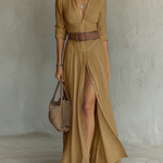 Linen notch collar maxi dress in Brown, view 6