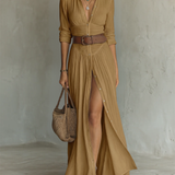 Linen notch collar maxi dress in Brown, view 6
