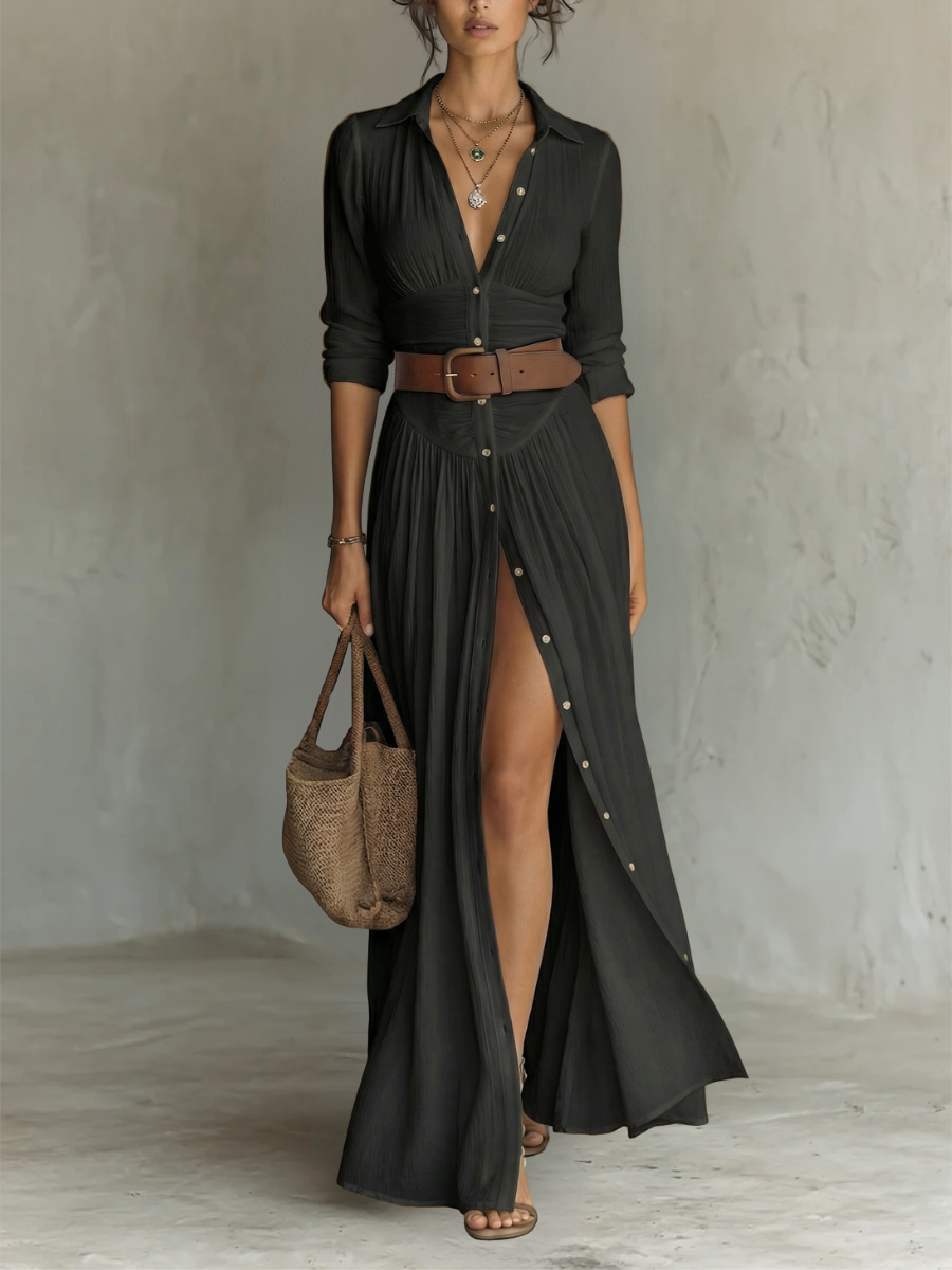 Linen notch collar maxi dress in Black, view 4