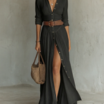 Linen notch collar maxi dress in Black, view 4