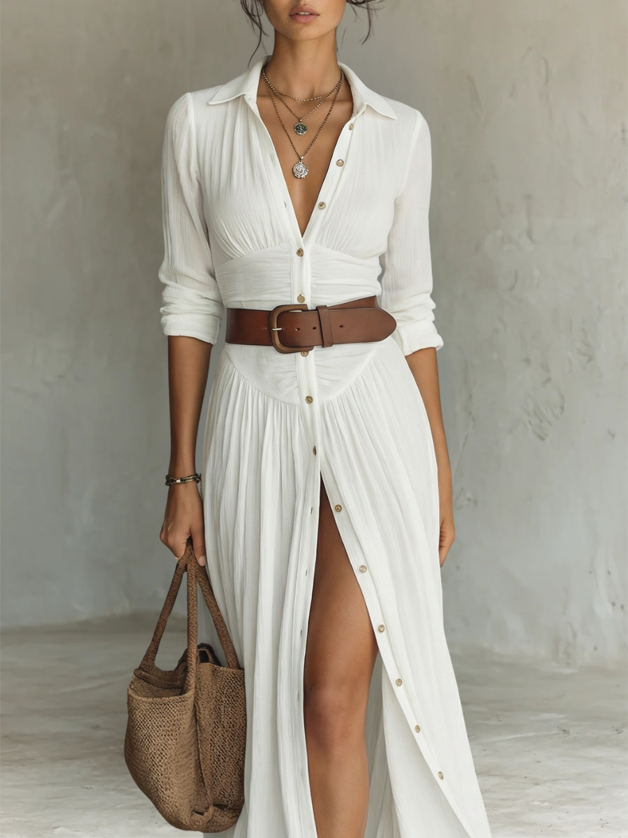 Linen notch collar maxi dress, view 3