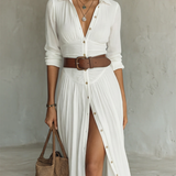 Linen notch collar maxi dress, view 3