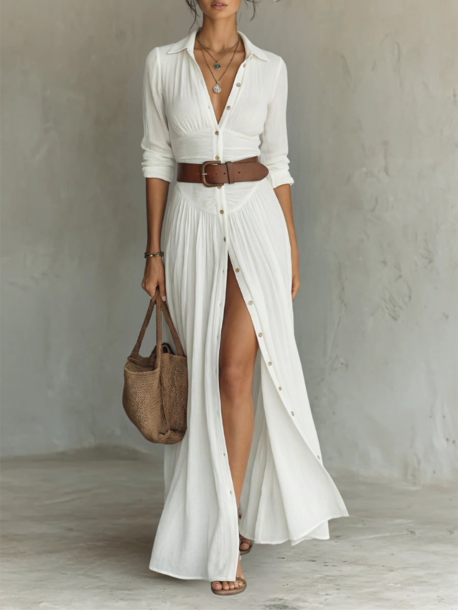 Linen notch collar maxi dress in White, front view