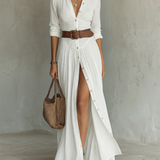 Linen notch collar maxi dress in White, front view