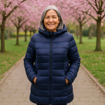 Helsa long navy puffer jacket, front view