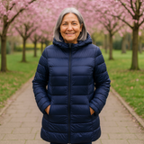 Helsa long navy puffer jacket, front view