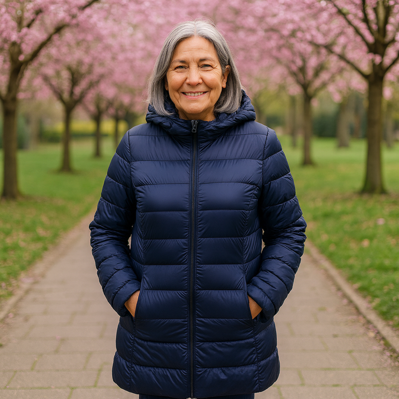 Helsa long navy puffer jacket, front view