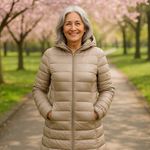 Helsa long champagne puffer jacket, front view
