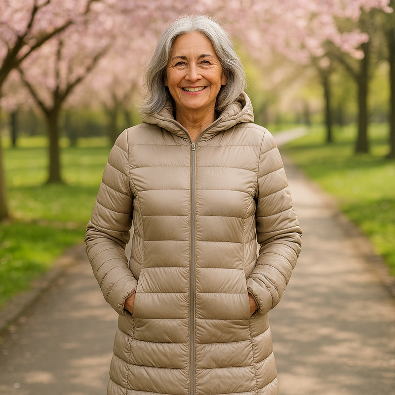 Helsa long champagne puffer jacket, front view