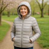 Metta grey hooded puffer jacket, front view