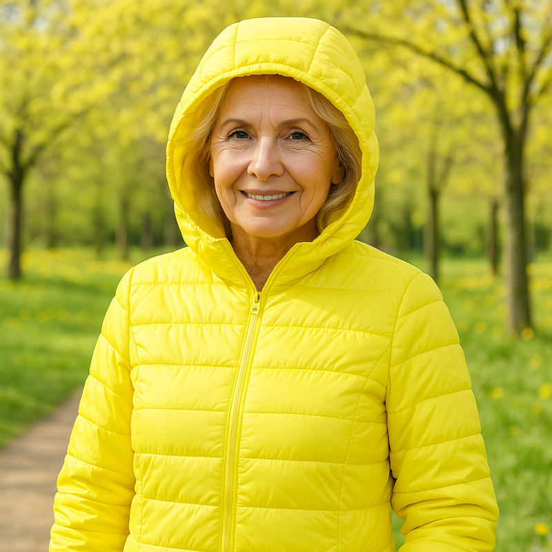 Metta yellow hooded puffer jacket, front view