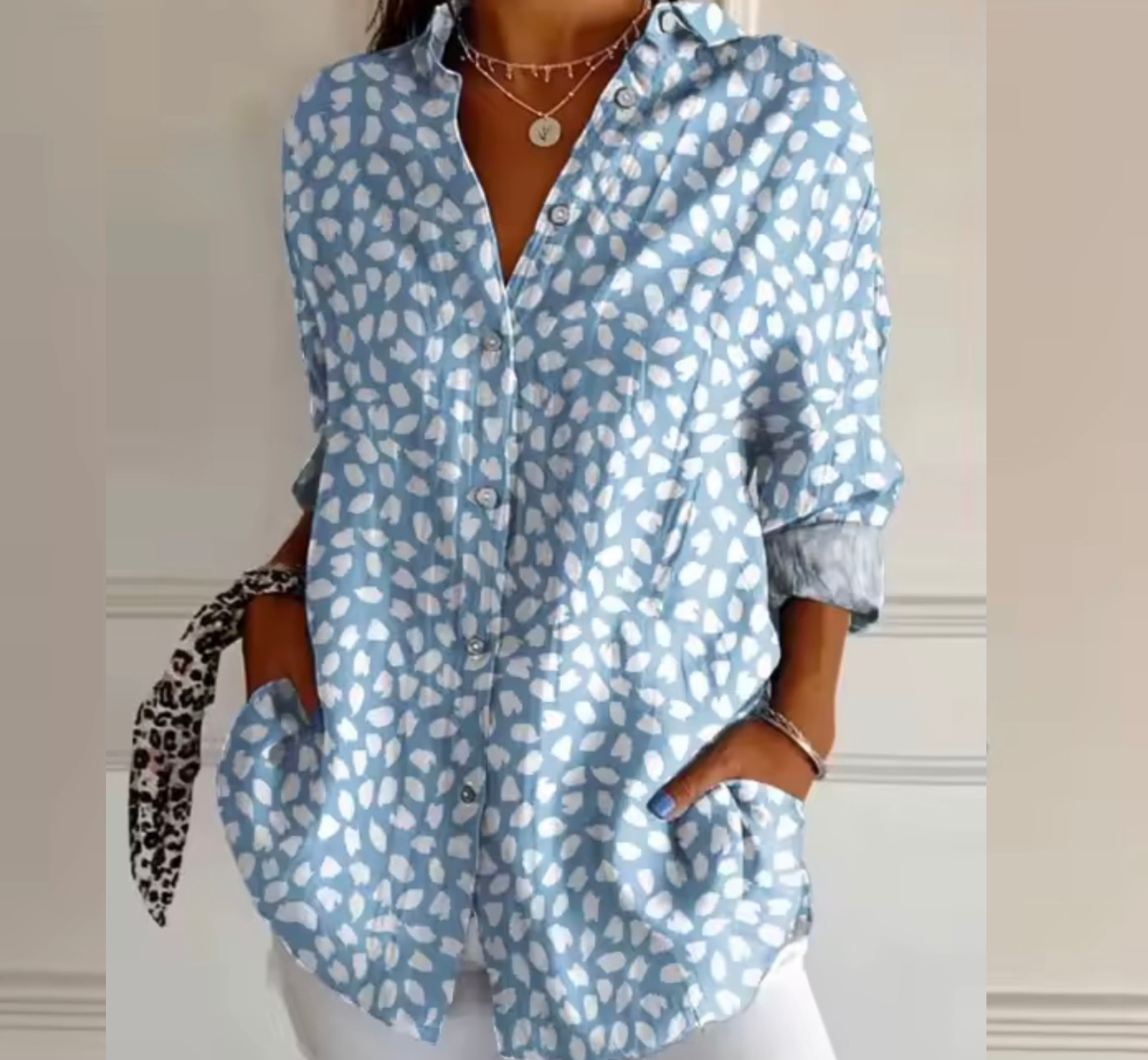 Riley blue spotted button blouse, view 2