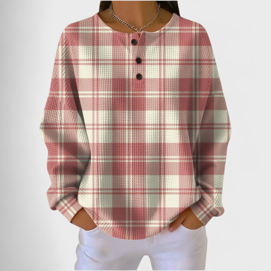 Emily pink check jumper in Multicolour, front view