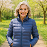 Ulla indigo puffer jacket, front view