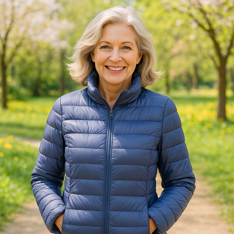 Ulla indigo puffer jacket, front view