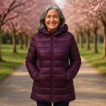 Helsa long purple puffer jacket, front view