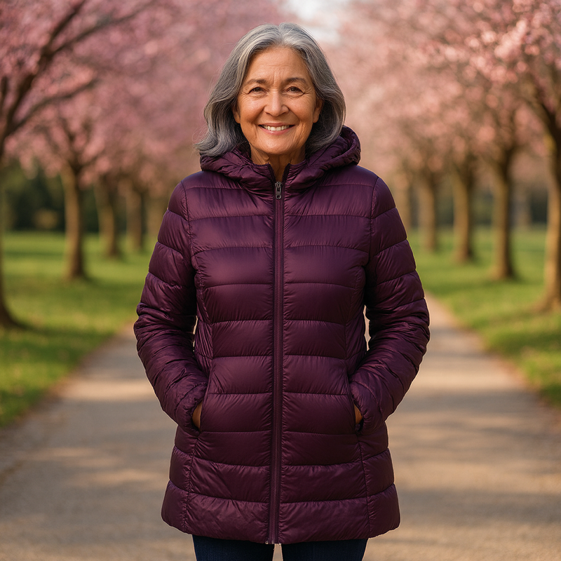 Helsa long purple puffer jacket, front view