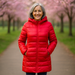 Helsa long red puffer jacket, front view