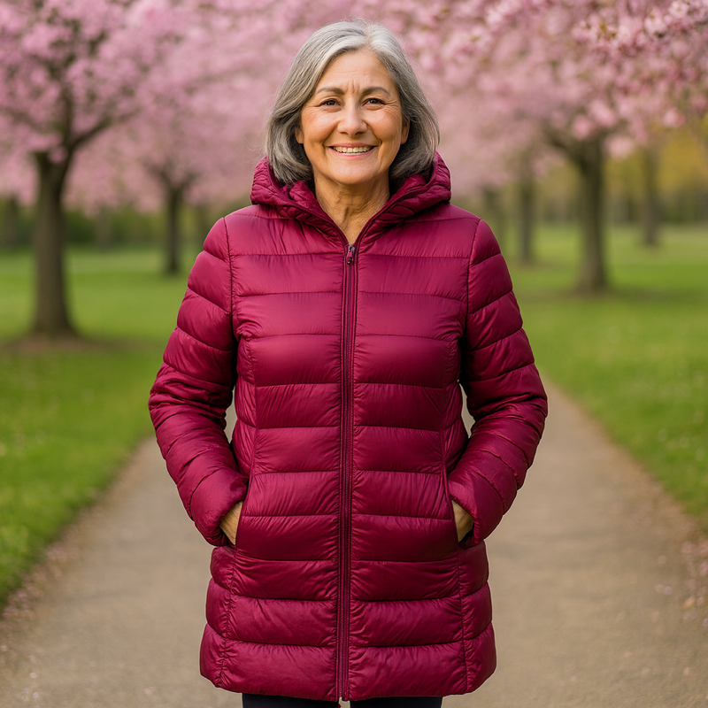 Helsa long dark red puffer jacket, front view
