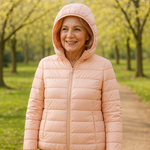 Metta light pink hooded puffer jacket, front view