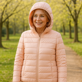 Metta light pink hooded puffer jacket, front view